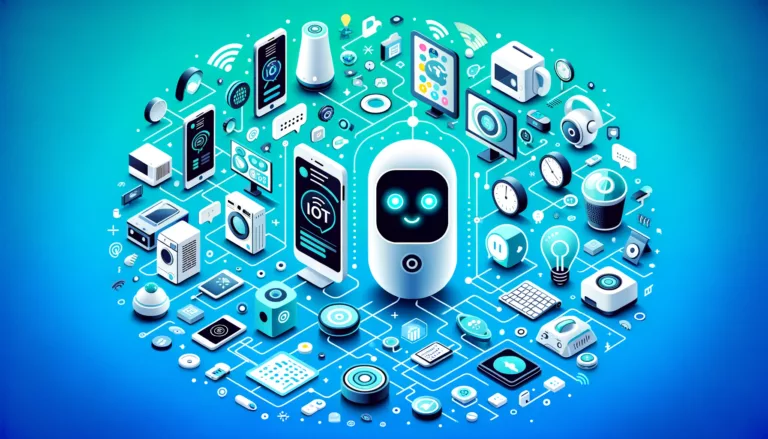A futuristic scene in flat design, showcasing interconnected IoT devices like home assistants and wearables engaging with an AI chatbot, depicted with abstract icons against a backdrop of bright blue and turquoise.