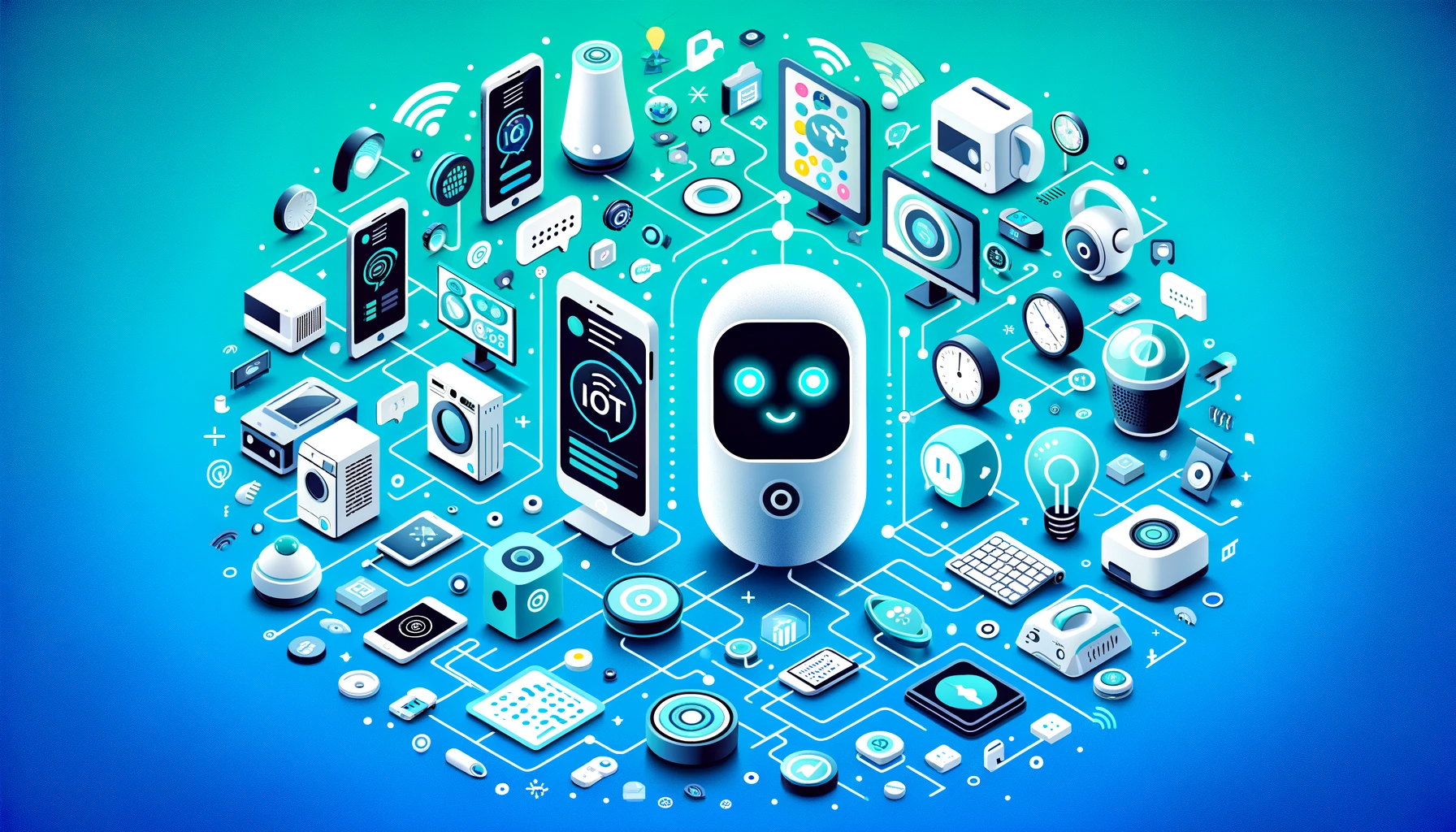 A futuristic scene in flat design, showcasing interconnected IoT devices like home assistants and wearables engaging with an AI chatbot, depicted with abstract icons against a backdrop of bright blue and turquoise.