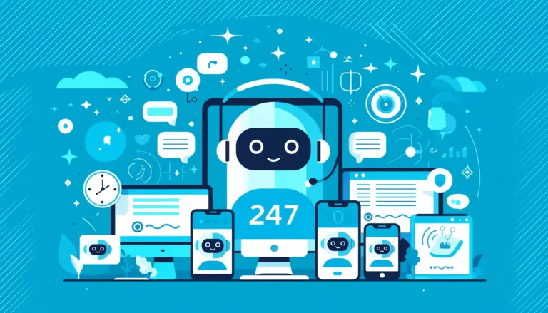 A contemporary customer service scene in flat design, showcasing various devices with chatbots providing 24/7 assistance, depicted with abstract icons against a background of bright blue and turquoise.