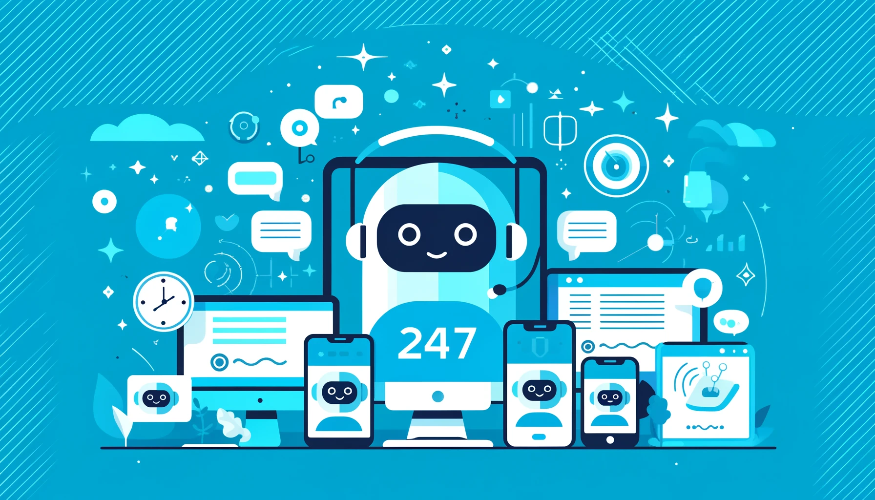 A contemporary customer service scene in flat design, showcasing various devices with chatbots providing 24/7 assistance, depicted with abstract icons against a background of bright blue and turquoise.
