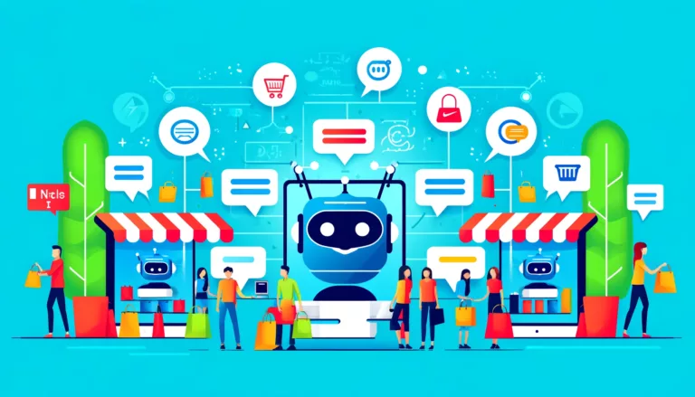A vibrant retail setting in flat design, featuring chatbots on digital devices engaging customers with personalized offers, represented by abstract icons, against a background of bright blue and turquoise. AI Echo's targeted chatbot interacting with a customer to drive sales.