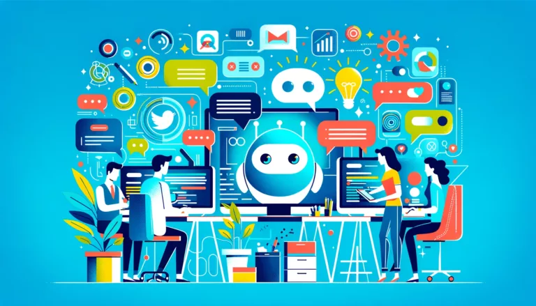 A vibrant office setting in flat design, showing professionals programming and customizing chatbots to enhance user-friendliness, using abstract icons on digital devices, set against a backdrop of bright blue and turquoise.