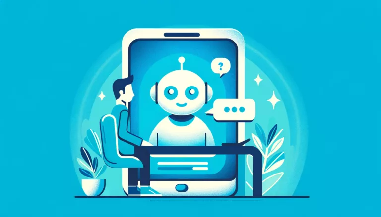 A cozy customer service scene in a flat design, featuring a virtual chatbot as a friendly icon on a digital device engaging with a customer, set against a background of bright blue and turquoise to enhance visual appeal.
