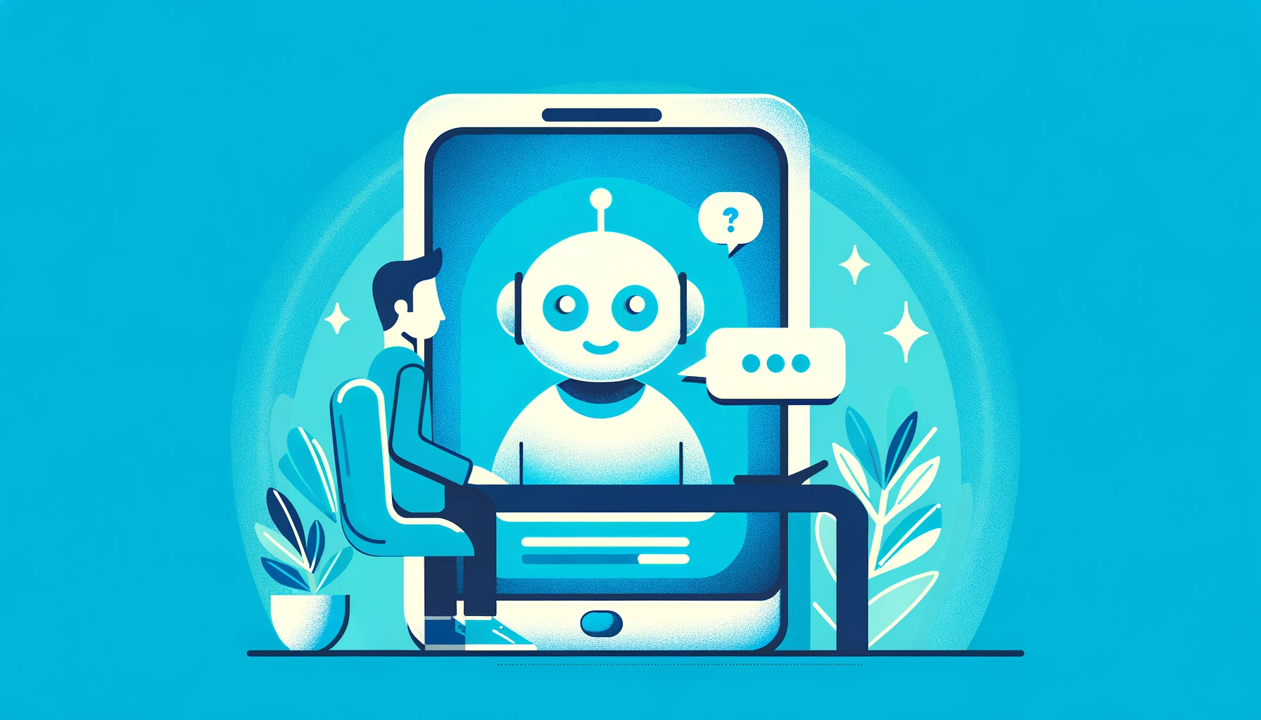 A cozy customer service scene in a flat design, featuring a virtual chatbot as a friendly icon on a digital device engaging with a customer, set against a background of bright blue and turquoise to enhance visual appeal.