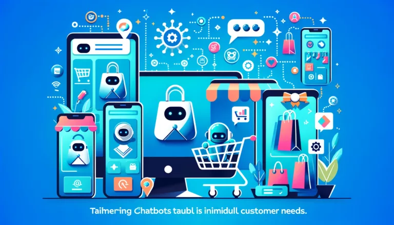 A personalized shopping experience in flat design, showing various devices with AI chatbots providing customized advice and product recommendations, depicted with abstract icons against a background of bright blue and turquoise. Tailoring Chatbots to Customer Needs