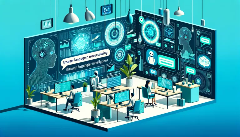 A modern office scene in flat design, highlighting chatbots utilizing advanced NLP to engage in smarter conversations, displayed on digital screens with abstract visuals, set against a vibrant background of bright blue and turquoise.