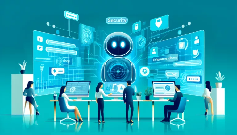 A sleek office scene in flat design, depicting professionals implementing security measures on chatbot systems, illustrated with abstract visuals on digital displays, set against a background of bright blue and turquoise.
