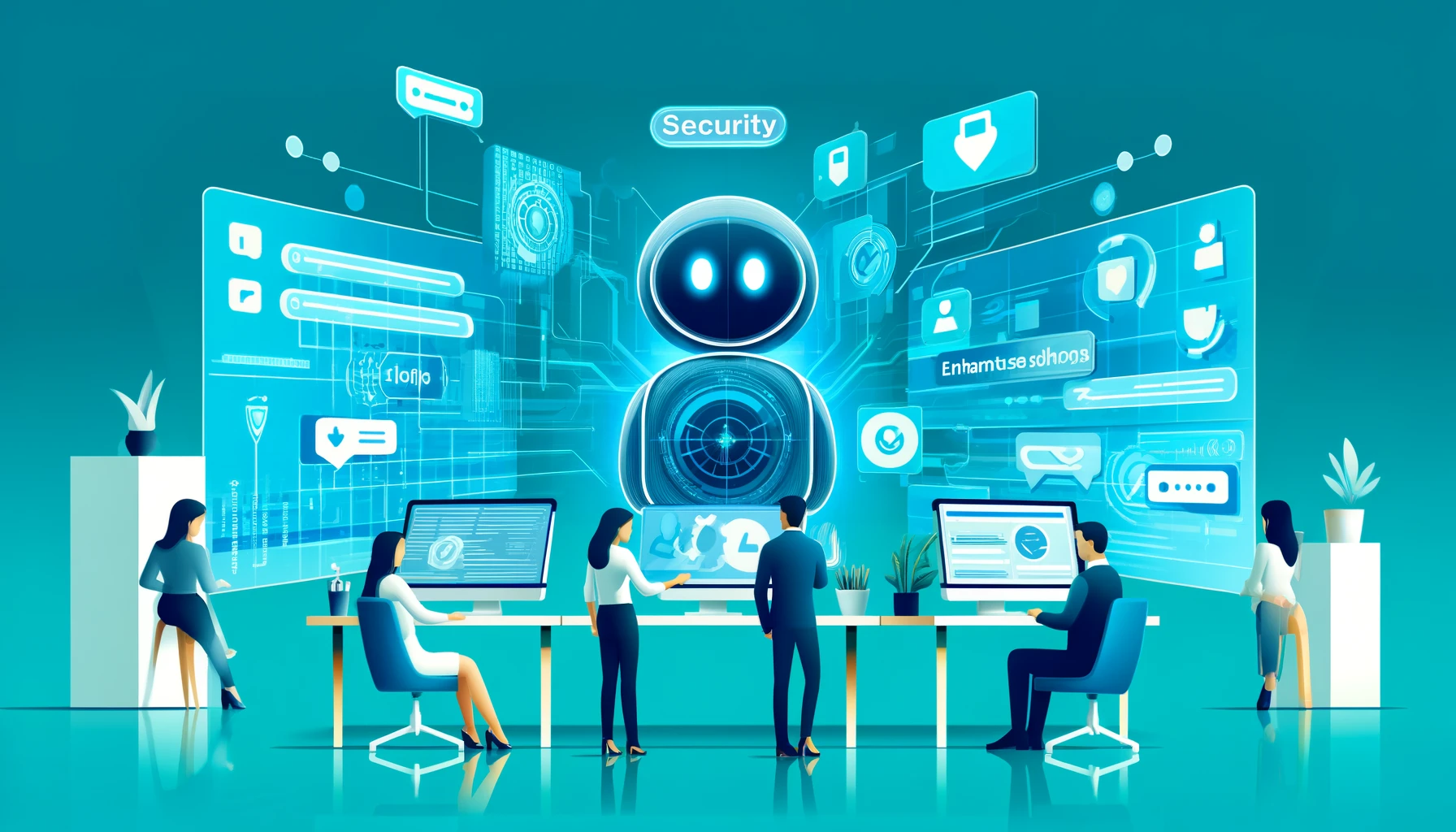 A sleek office scene in flat design, depicting professionals implementing security measures on chatbot systems, illustrated with abstract visuals on digital displays, set against a background of bright blue and turquoise.