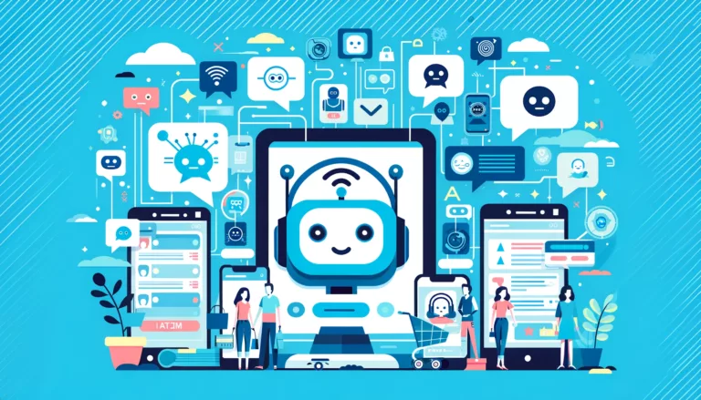 A lively e-commerce setting depicted in a flat design style, showing virtual customer service agents on digital devices assisting customers, represented by abstract icons in bright blue and turquoise, aligning with the brand’s aesthetic.