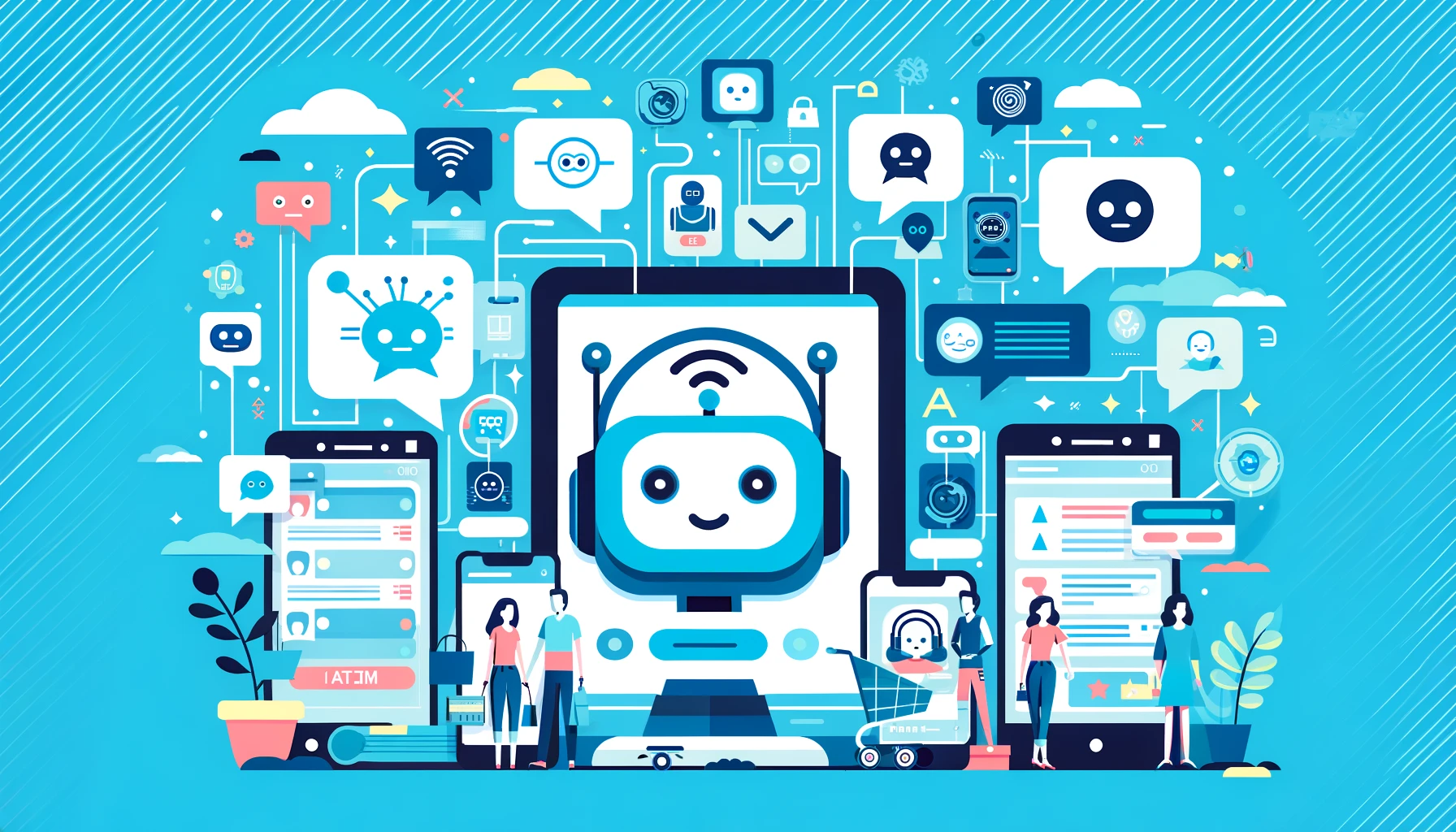 A lively e-commerce setting depicted in a flat design style, showing virtual customer service agents on digital devices assisting customers, represented by abstract icons in bright blue and turquoise, aligning with the brand’s aesthetic.
