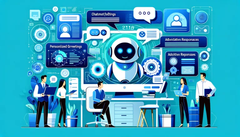 A modern tech office scene in flat design, featuring professionals enhancing chatbot systems with features like personalized greetings and adaptive responses, illustrated with abstract visuals on screens, against a backdrop of bright blue and turquoise.