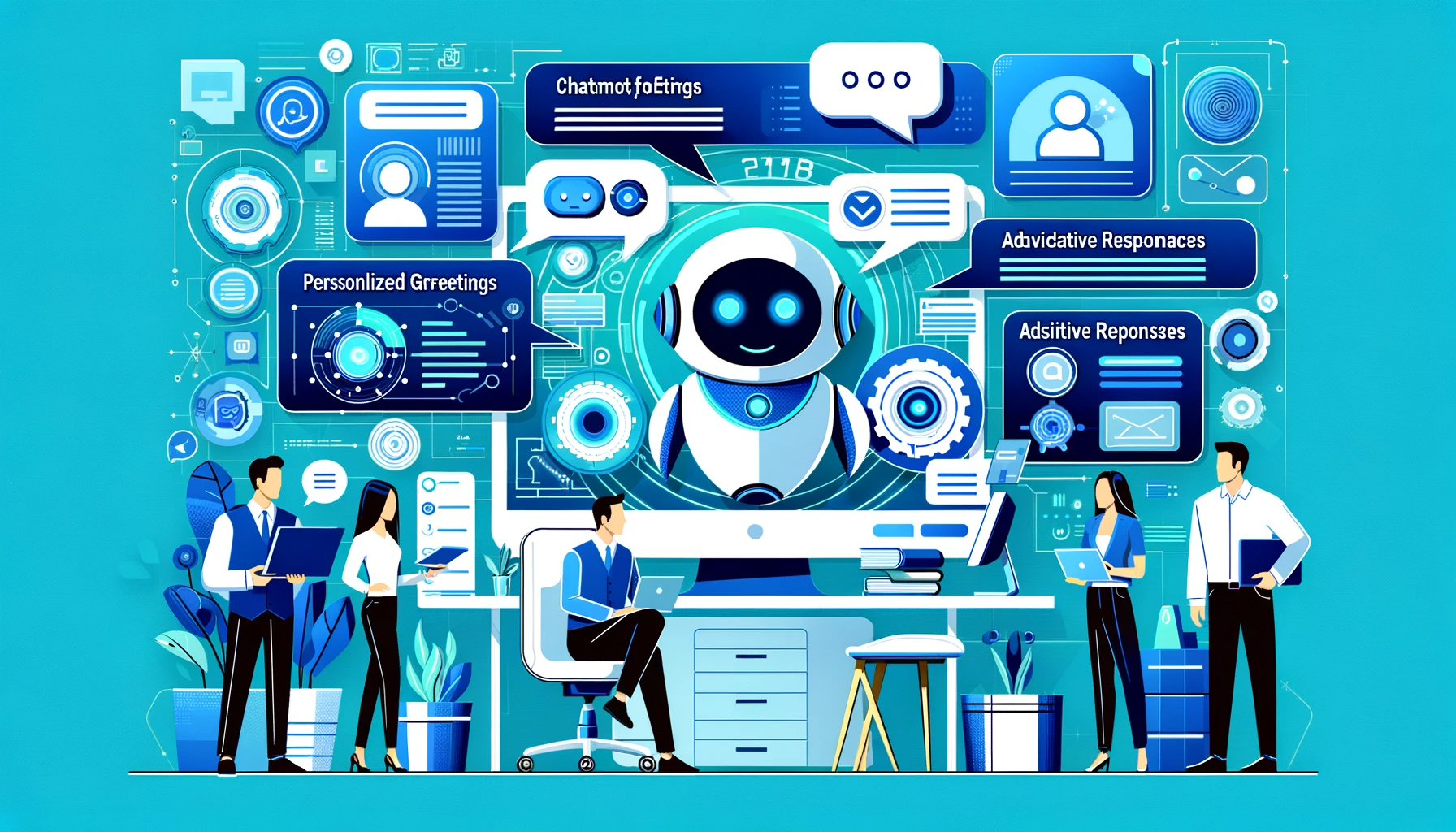 A modern tech office scene in flat design, featuring professionals enhancing chatbot systems with features like personalized greetings and adaptive responses, illustrated with abstract visuals on screens, against a backdrop of bright blue and turquoise.