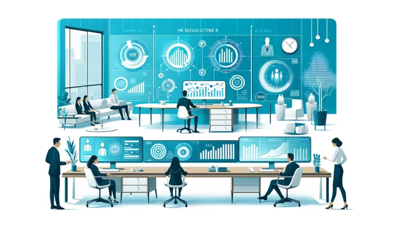An illustration of a modern HR office with professionals using AI chatbots to streamline HR processes such as hiring and training, depicted in a clean, flat design style with bright blue and turquoise color accents.