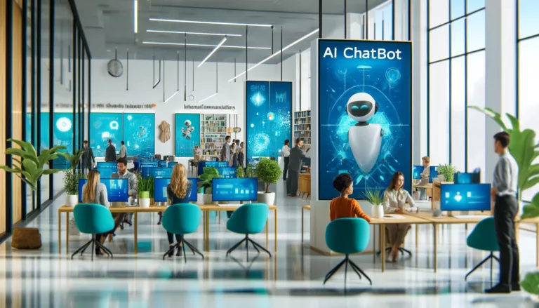 A modern office setting showing teams interacting with digital displays featuring abstract visualizations of AI chatbot interactions, reflecting the integration of technology in workplace communication, styled in bright blue and turquoise.