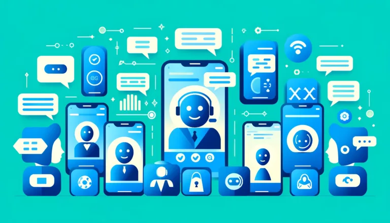 A modern customer service scenario depicted in flat design, showing digital devices with unique chatbot icons, representing personalized interactions, set against a background of bright blue and turquoise for strong visual contrast.
