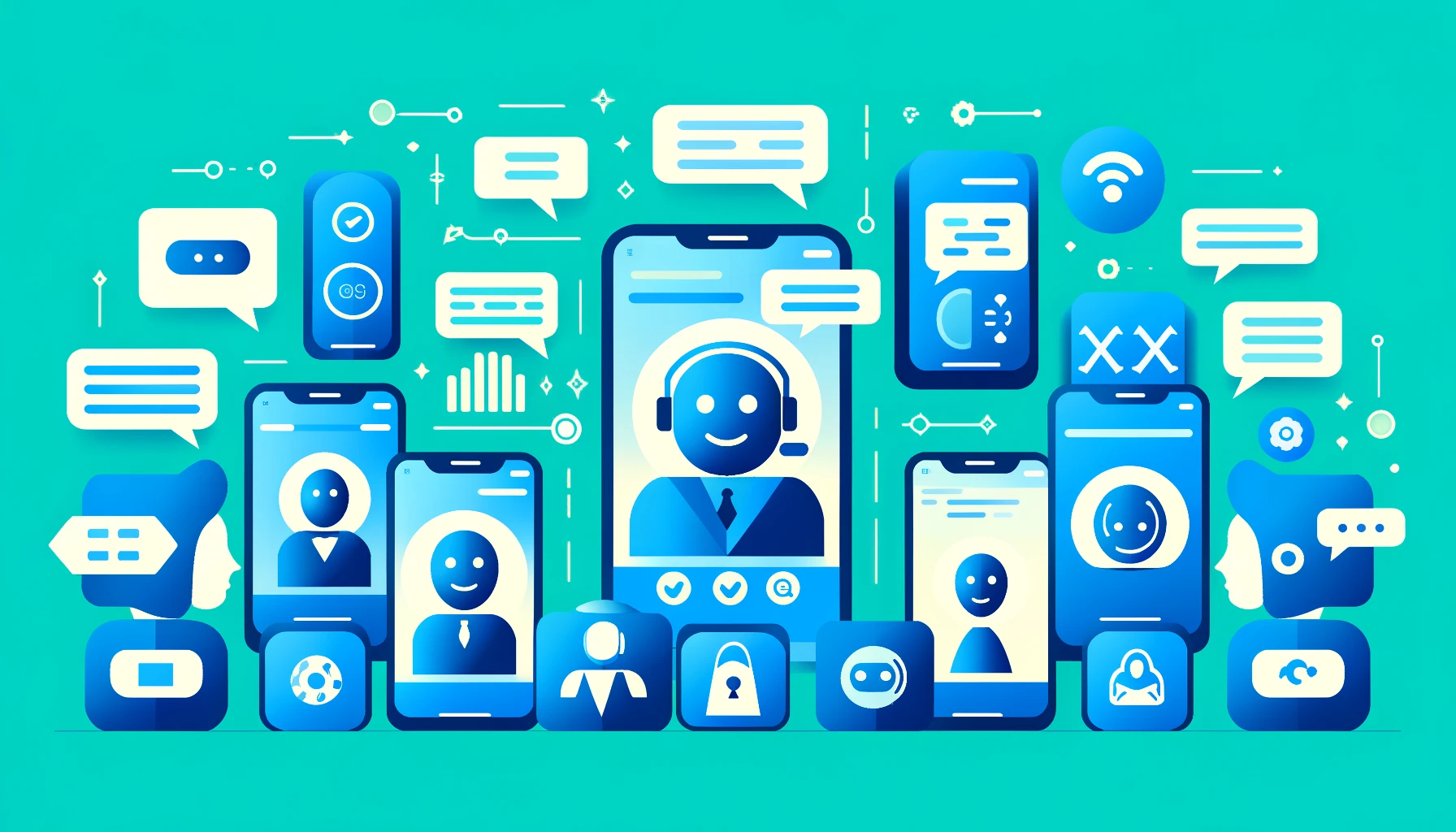 A modern customer service scenario depicted in flat design, showing digital devices with unique chatbot icons, representing personalized interactions, set against a background of bright blue and turquoise for strong visual contrast.