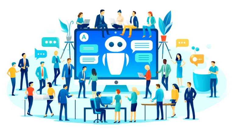 A vibrant flat design illustration of a diverse team working collaboratively around a digital screen featuring an AI chatbot interface, highlighting teamwork and technology integration.