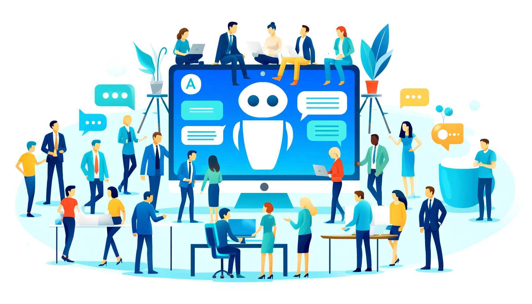 A vibrant flat design illustration of a diverse team working collaboratively around a digital screen featuring an AI chatbot interface, highlighting teamwork and technology integration.