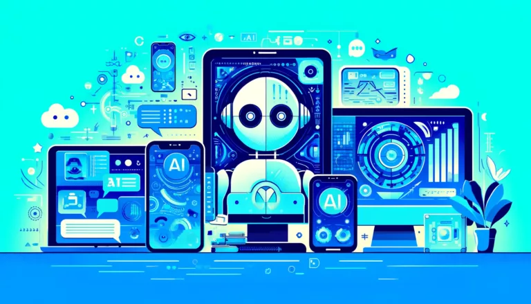 A futuristic technology scene in flat design, showcasing the latest AI developments for chatbots in 2024 on various digital devices, illustrated with abstract visuals against a background of bright blue and turquoise.
